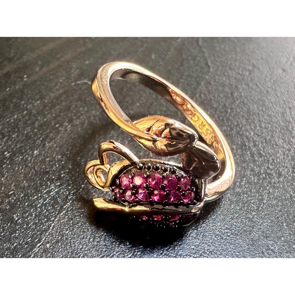585 14K RG Rolled Gold Stamped Vintage Pave Purple Ruby Crystal Rose Ring Size 7